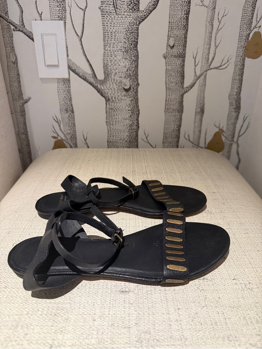 Cole Haan Black Leather Ankle-Strap Sandals with Gold Accents - Picture 3 of 7